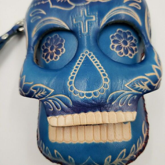 Sugar Skull Leather Wristlet Wallet Gift Small Pouch Keychain Day of the Dead - Picture 5 of 13